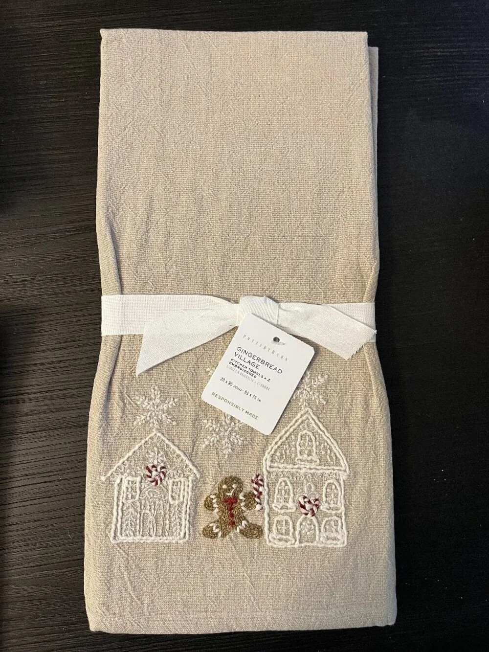 Pottery Barn Gingerbread Village Set of 2 Embroidered Kitchen Towels 20 x 30 in